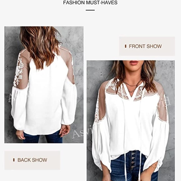 NWOT - Womens V Neck Crochet Lace Tops white Loose Puff Long Sleeve chiffon boho - Picture 4 of 6